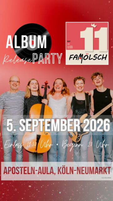 So, jetzt isses raus. 🥳 Wir haben unser erstes Album „ELF“ fertig und wollen das mit euch feiern!
Release Party 05.09.26 🎶 20 Uhr APOSTELN AULA, Köln-Neumarkt
➡️ Save the Date und feier mit uns!

📸 @veradrewke.photography 🫶🏻

#kölschemusik #famölsch #famoelsch #kölscheband #albumreleaseparty