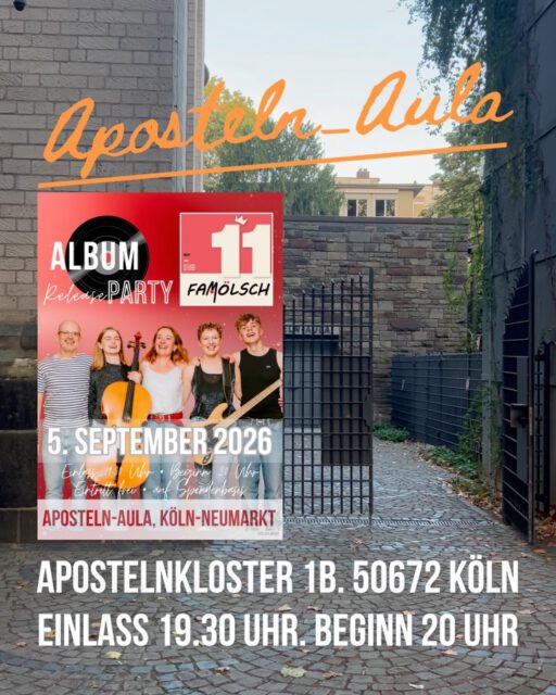 Hier geht’s lang 👨🏻‍🦯‍➡️➡️ Wir nehmen euch schon mal mit zu unserer Location  Aposteln-Aula ✅ 🎶 Vorfreude 🔥❤️🔥

#kölschemusik #kölscheband #albumreleaseparty #elf #famölsch
