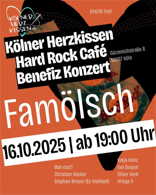 Hück Ovend! Mittendrin statt nur dabei. Ihr auch? Freut euch auf einen tollen Abend mit großartigen kölschen Künstlern!

#famölsch #famoelsch #hardrockcafeköln #kölnerherzkissen #benefizkonzert #kölscheband