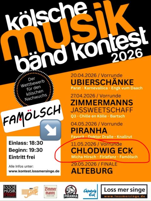 Et weed Zick för KMBK 2026!!! Let’s go again💪 
11. Mai 2026, um 19 Uhr Stimmzettel abholen, tolle Kölsche Bands erleben und für uns Voten 😎
🏠 @chlodwigeck 

#kölschemusikbändkontest #chlodwigeck #lossmersinge #kölschemusik #famölsch