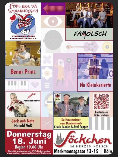 Macht euch auf die Söckchen! Wir spielen bei „Föhl ens dä Stammdesch“ am Donnerstag 18.6.. Los gehts um 19 Uhr. Es sind weitere tolle Künstler am Start. Kostenlose Tickets gibt es auf der Homepage vom @stammtischkoelnerkarnevalisten 

@soeckchen_koeln @benni_prinz @jecknohnote @nekleinkarierte #dehusmeistervumbundesdach 
#kölscherabend #karnevalinköln
