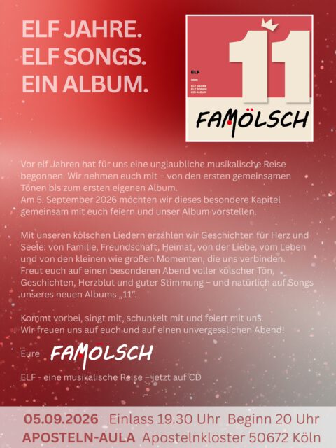 Wir sind unendlich dankbar und auch ein wenig stolz darauf, dass wir euch endlich unser erstes Album vorstellen können! Kommt und feiert mit uns!

📸 @veradrewke.photography 

#albumrelease #famölsch #famoelsch #elf #releaseparty