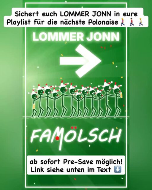 Pre-Save LOMMER JONN! Tut uns und euch einen Gefallen und packt den Song für die nächste Party-Polonaise in eure Playlist! Einfach den Link kopieren: https://listen.music-hub.com/QRTh3d

Ab geht die Post!

#kölschemusik #kölscheband #famölsch #polonaise #lommerjonn